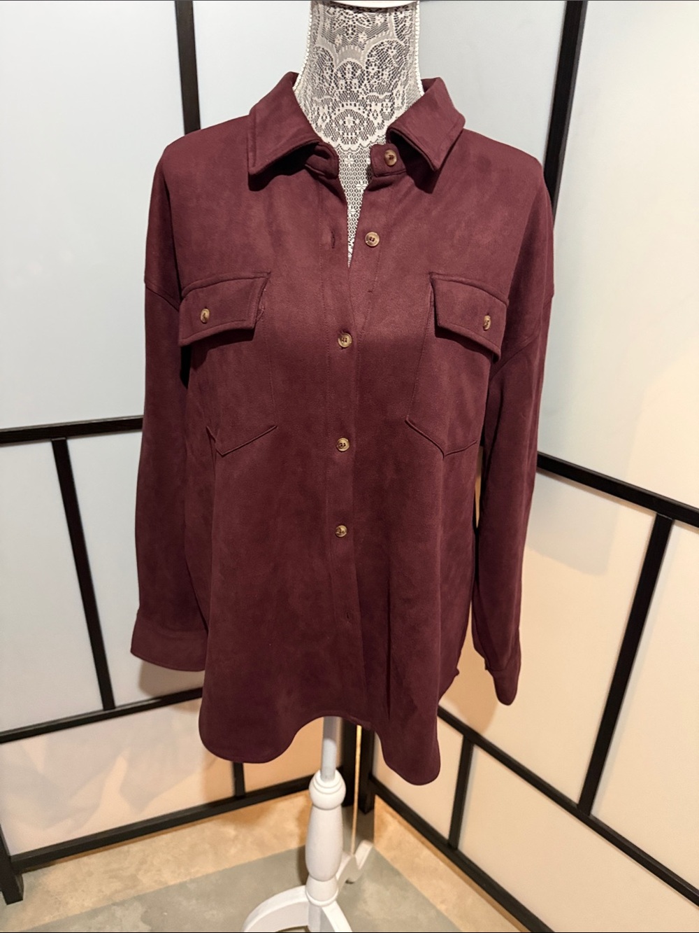Le Lis Suede-Look Utility Jacket in Deep Burgundy shirt/jacket